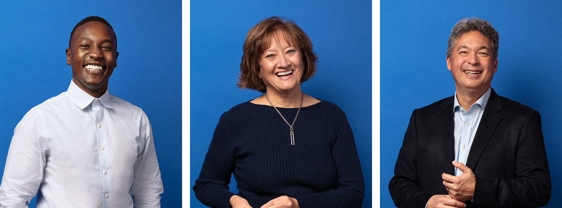 Headshots of three Webster International employees smiling as they look into the camera